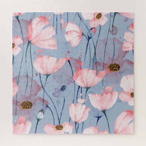 Blue poppies watercolor floral design jigsaw puzzle