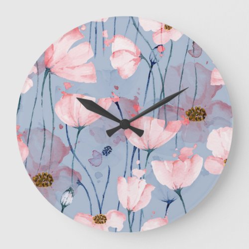 Blue poppies watercolor floral design large clock