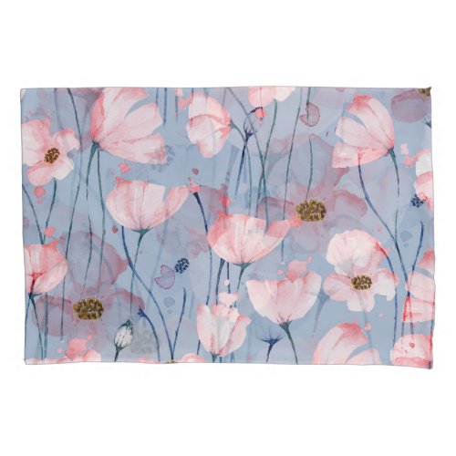 Blue poppies watercolor floral design pillow case