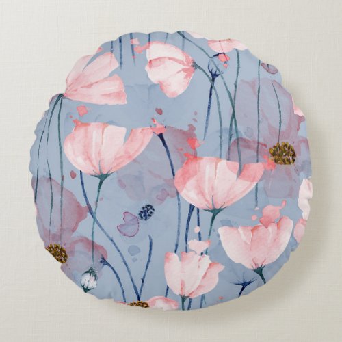 Blue poppies watercolor floral design round pillow