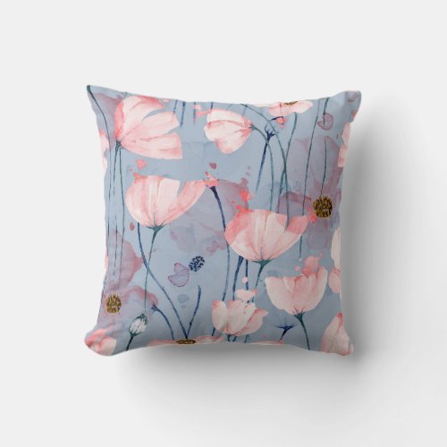 Blue poppies watercolor floral design throw pillow