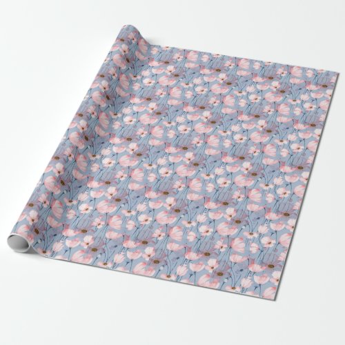Blue poppies watercolor floral design wrapping paper
