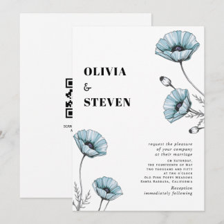 Blue poppies wildflowers floral QR code wedding Invitation