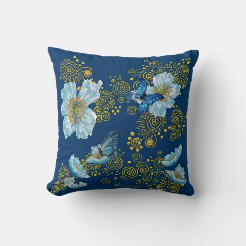 Blue Poppy and Butterfly Designer Throw Pillow