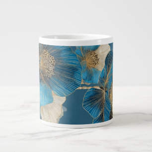 Blue Poppy Botanical Gold Line Art Floral Giant Coffee Mug