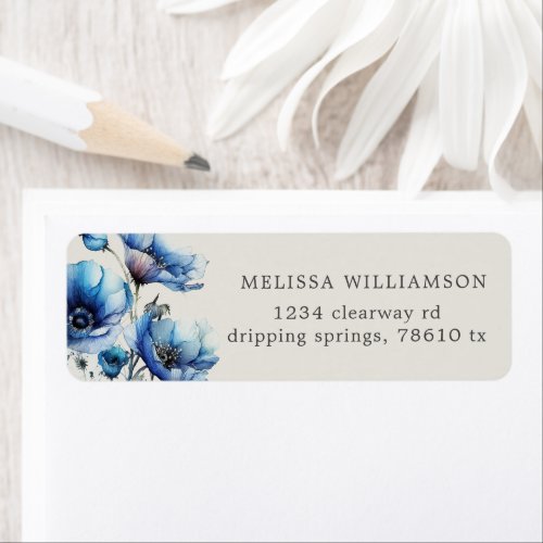 Blue Poppy Floral Return Address Label