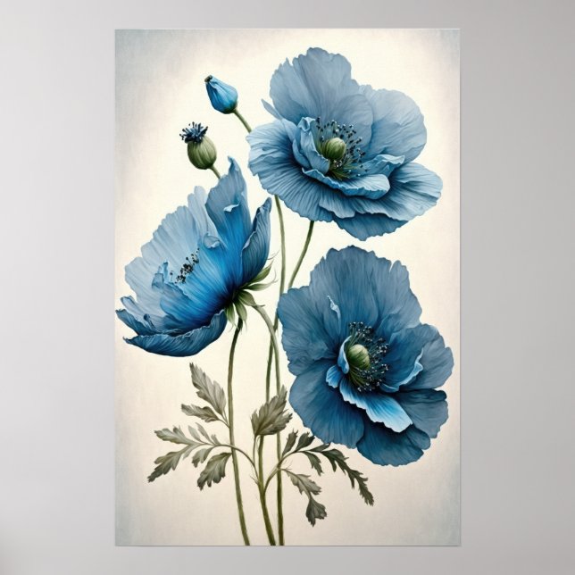 Blue Poppy Flowers Art Print Poster (Front)