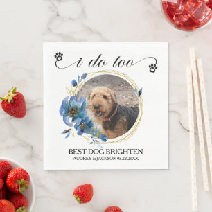 Blue Poppy Frame Dog Photo Wedding Napkins