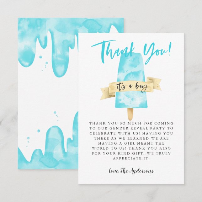 Blue Popsicle Boy Gender Reveal Party Thank You Card (Front/Back)