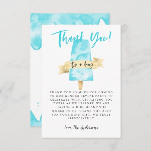 Blue Popsicle Boy Gender Reveal Party Thank You Card