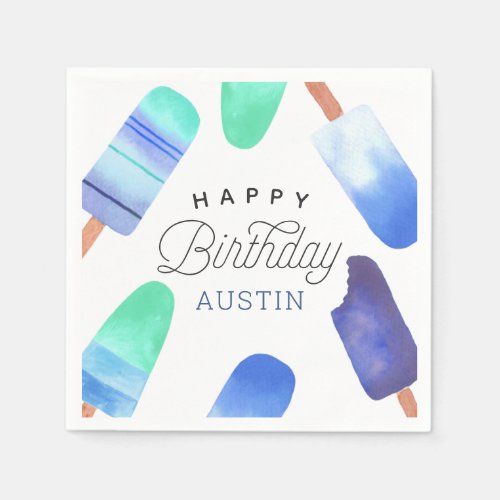Blue Popsicle Personalized Kids Birthday Party Napkins