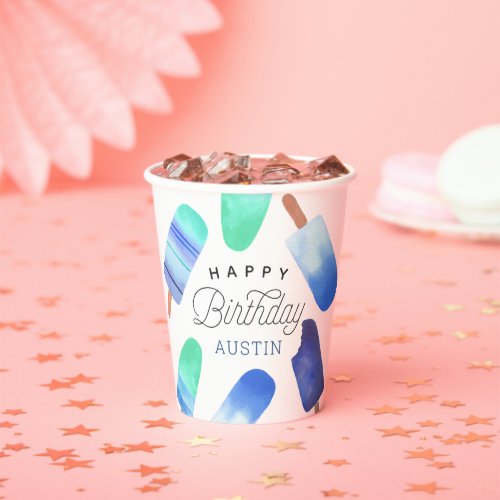 Blue Popsicle Personalized Kids Birthday Party Paper Cups