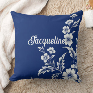 Blue Porcelain Bloom Throw Pillow