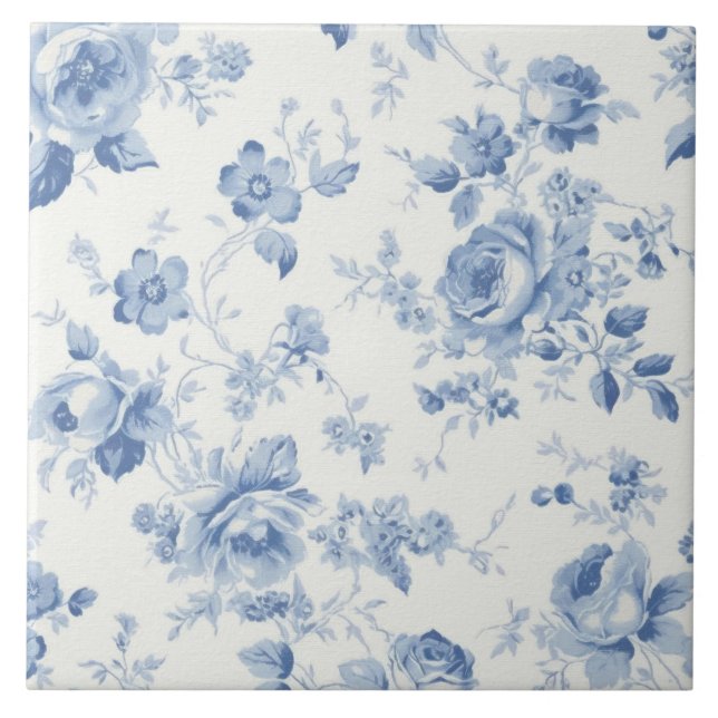 Blue,porcelain,blue china,floral toile,chinoiserie ceramic tile (Front)