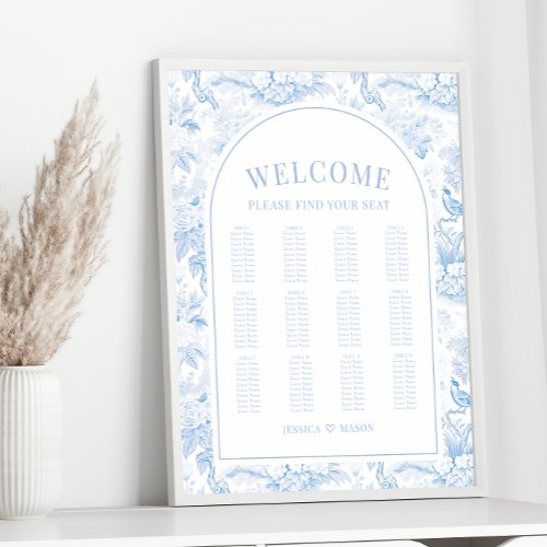 Blue porcelain boho arch wedding seating chart