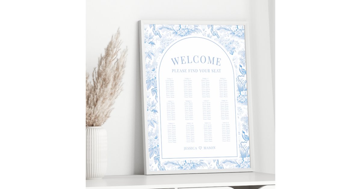 Blue porcelain boho arch wedding seating chart