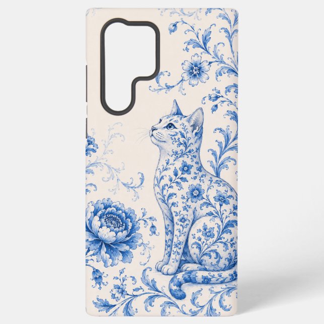 Blue Porcelain Cat Floral Phone Case (Back)