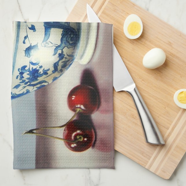 Blue Porcelain & Cherries Kitchen Towel (Quarter Fold)