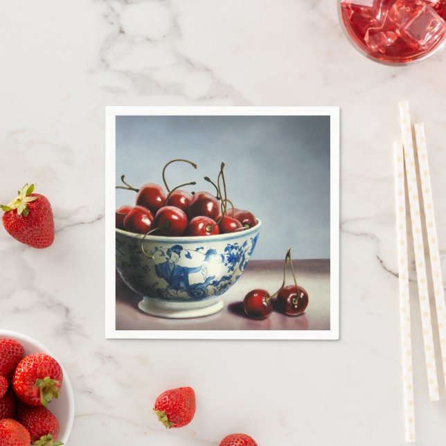 Blue Porcelain & Cherries Napkins (Insitu)