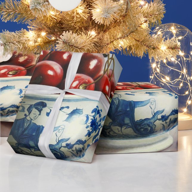Blue Porcelain & Cherries Wrapping Paper (Holidays)