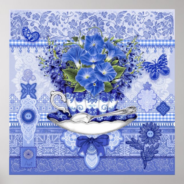 Blue Porcelain Cup and Flowers Poster (Front)