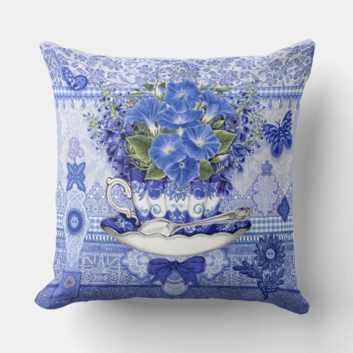 Blue Porcelain Cup and Flowers Throw Pillow