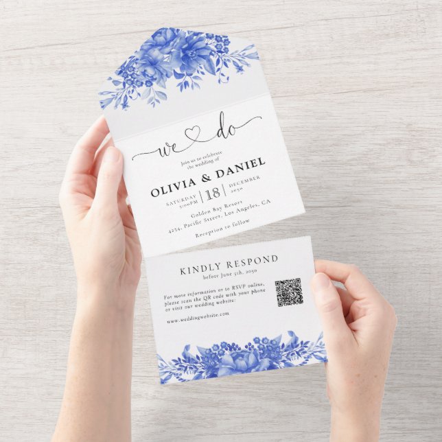 Blue Porcelain Floral All in One Wedding Invite (Tearaway)