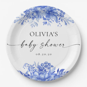 Blue Porcelain Floral Baby Shower Paper Plates
