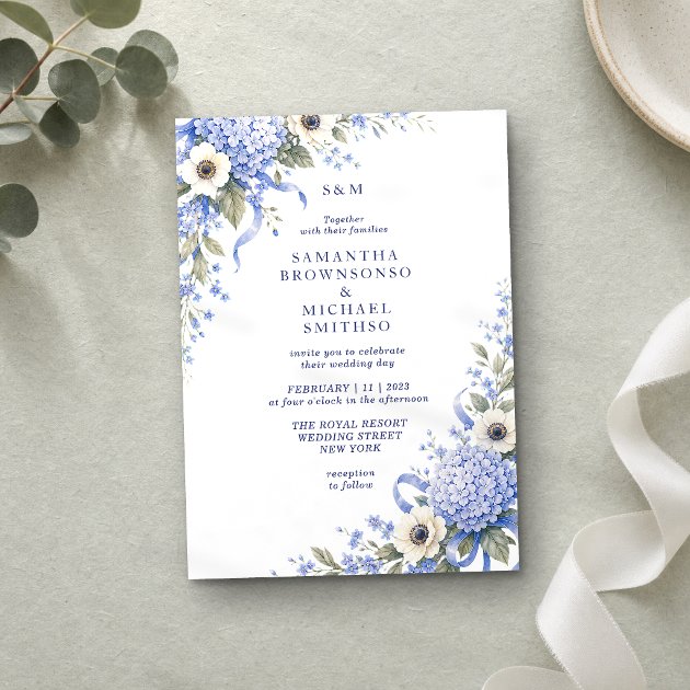 Blue Porcelain Floral Classic Wedding Invitation