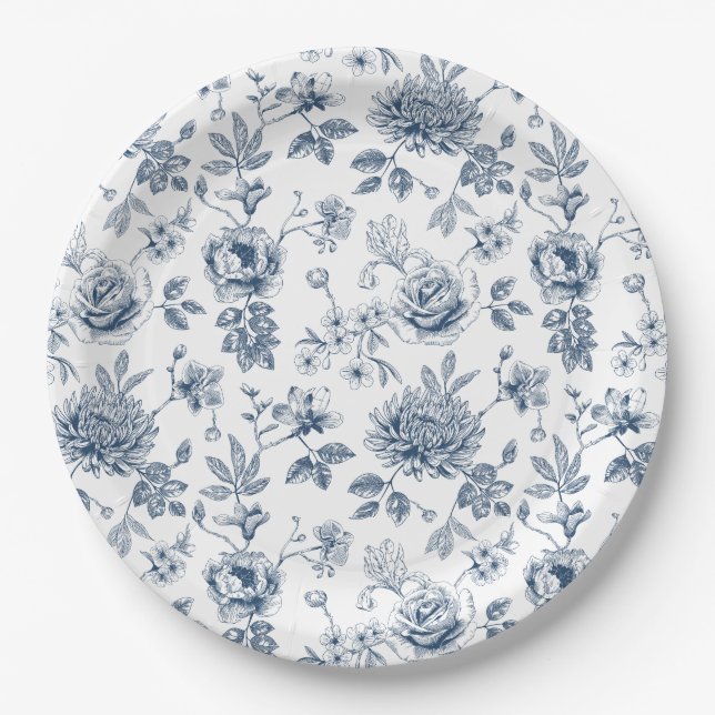 Blue  Porcelain Floral Paper Plates (Front)