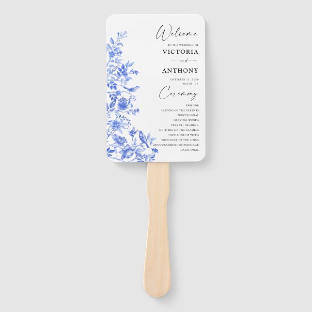 Blue Porcelain Floral Wedding Program Hand Fan (Front)