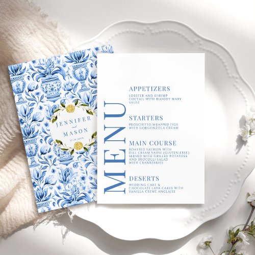 Blue porcelain lemon Italian wedding menu cards