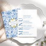 Blue porcelain lemon Italian wedding menu cards<br><div class="desc">Enhance your timeless Italian Mediterranean themed wedding celebration with an elegant menu card. Showcasing a delicate pattern of blue porcelain tiles and boho arch with watercolor lemon branches, this refined design is complemented by a personalized touch—the bride and groom names on the back, creating a memorable and distinctive element for...</div>