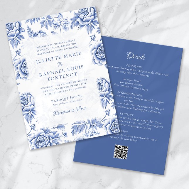 Blue Porcelain Toile Floral All in One Wedding Invitation (Creator Uploaded)
