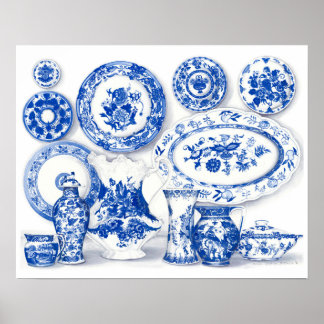Blue Porcelain Watercolor Art Poster