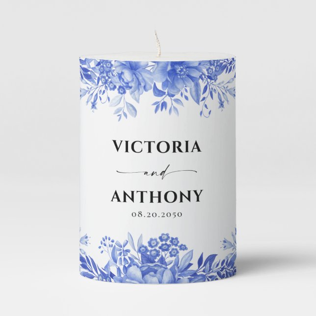 Blue Porcelain Wedding Pillar Candle (Front)