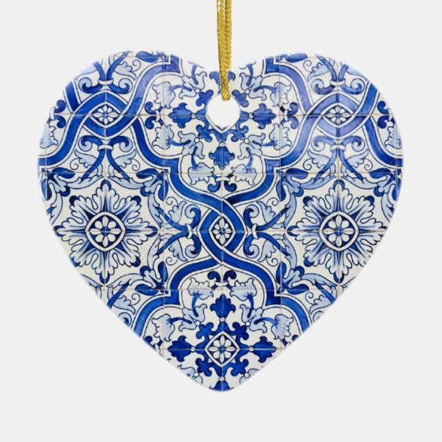 Blue Portuguese Azulejo Heart Christmas Ornament (Front)