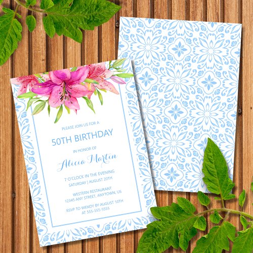 Blue Portuguese Azulejo Lily Any Age Birthday Invitation