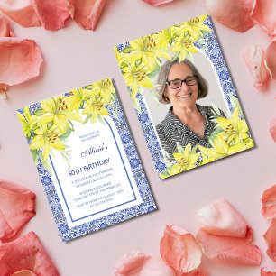 Blue Portuguese Azulejo Lily Photo Birthday Invitation