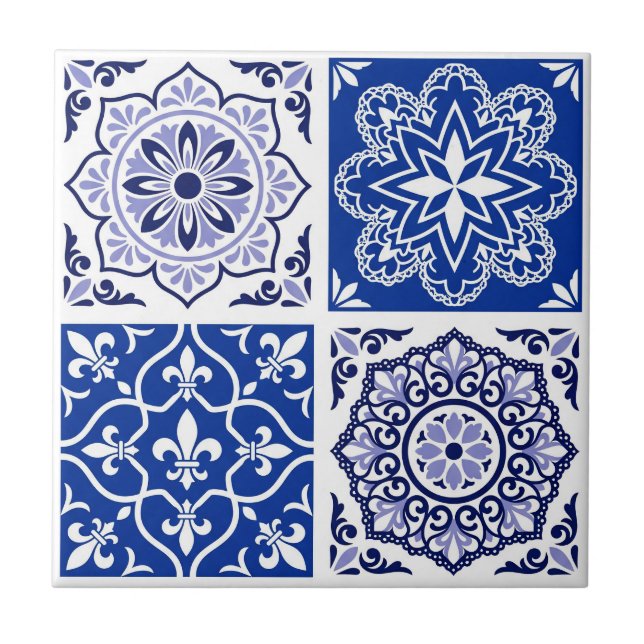 Blue Portuguese Azulejo Pattern Ceramic Tile (Front)