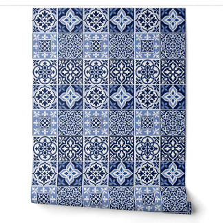 Blue Portuguese Azulejo Tile Pattern Vinyl Wallpaper