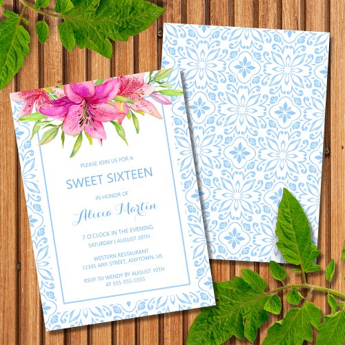 Blue Portuguese Azulejo Tiles Lily 16th Birthday Invitation