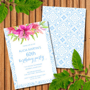 Blue Portuguese Azulejo Tiles Lily Birthday Invitation