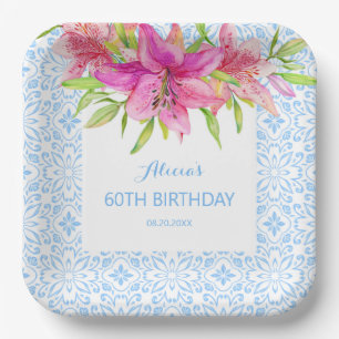 Blue Portuguese Azulejo Tiles Lily Birthday Paper Plates