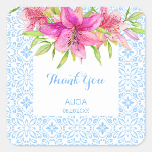 Blue Portuguese Azulejo Tiles Lily Thank You Square Sticker