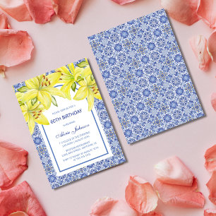 Blue Portuguese Azulejo Yellow Lily Birthday Invitation