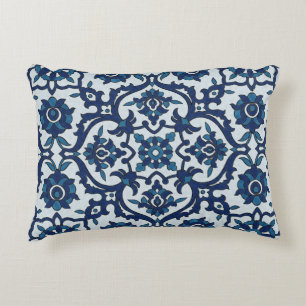 Blue Portuguese Azulejos Floral Tile Pattern Accent Pillow