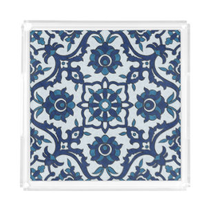 Blue Portuguese Azulejos Floral Tile Pattern Acrylic Tray