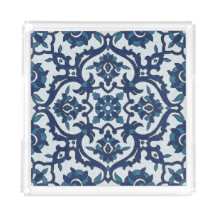 Blue Portuguese Azulejos Floral Tile Pattern Acrylic Tray