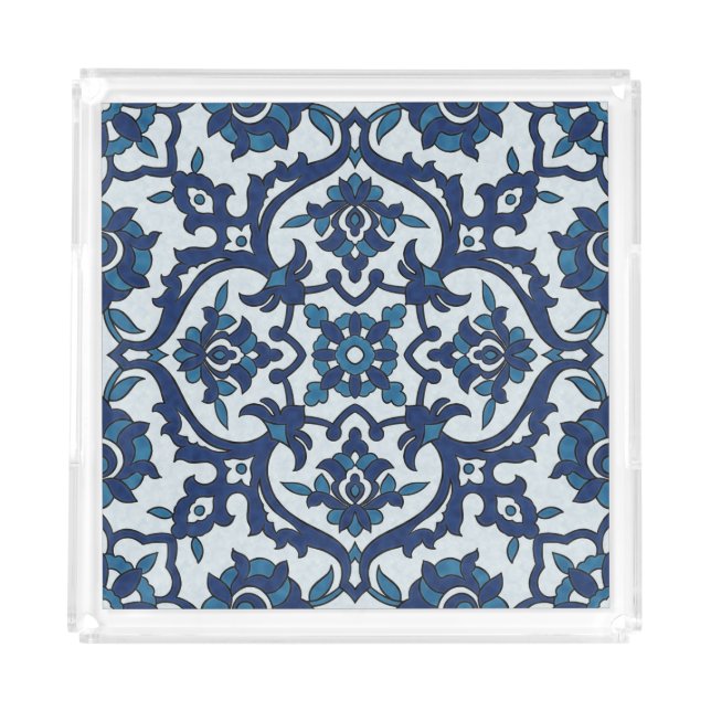 Blue Portuguese Azulejos Floral Tile Pattern Acrylic Tray (Front)